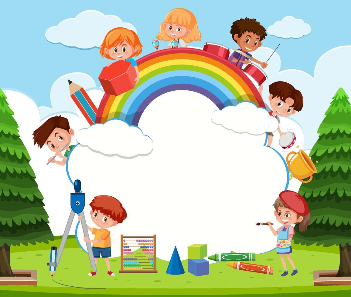 Empty Cloud Banner With School Kids Cartoon Free Vector